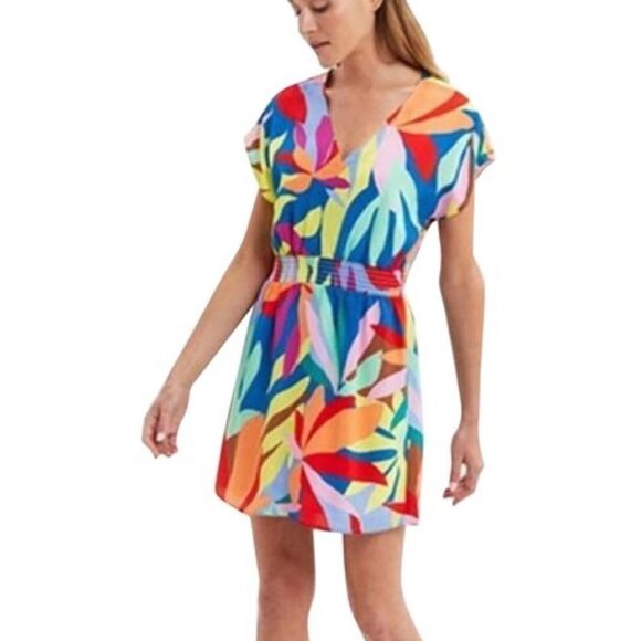 Marie Oliver Sage Smocked Waist Shift Dress in Tropical Leaf - Picture 1 of 7